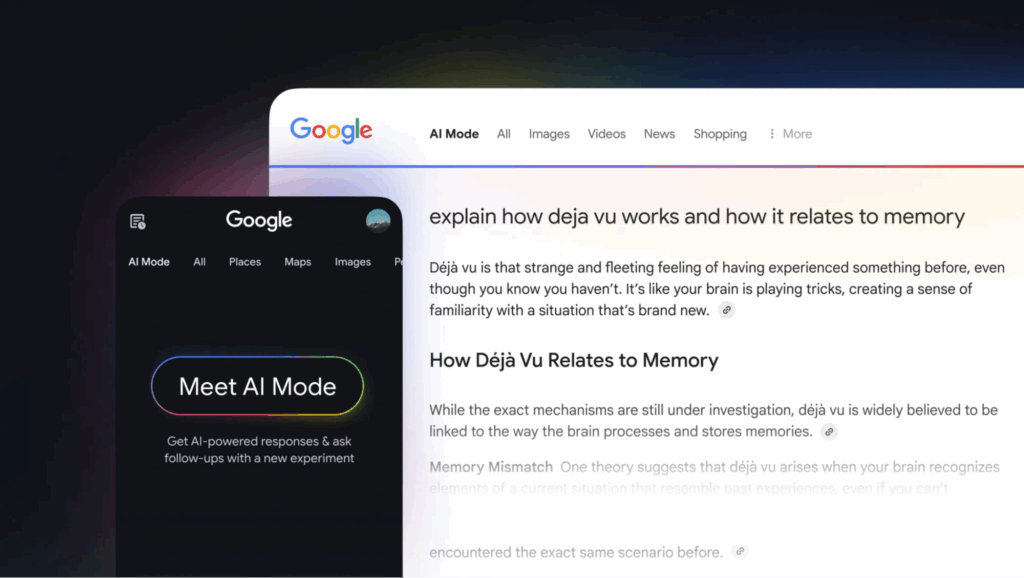 Google search showing new AI Mode feature and explanation of déjà vu's link to memory.