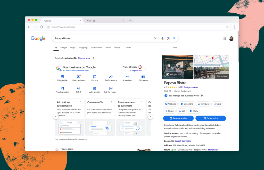 Screenshot of a Google search results page for fictional ‘Papaya Bistro’ in Atlanta, Georgia. The right side shows the business profile with a 4.6-star rating from over 3,000 reviews, price range, and ‘Reserve a table’ and ‘Order online’ buttons. On the left are various Google Business management options (like Edit profile, Read reviews, Photos, etc.) for the restaurant’s listing.