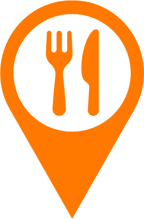 Restaurant location icon with fork and knife.